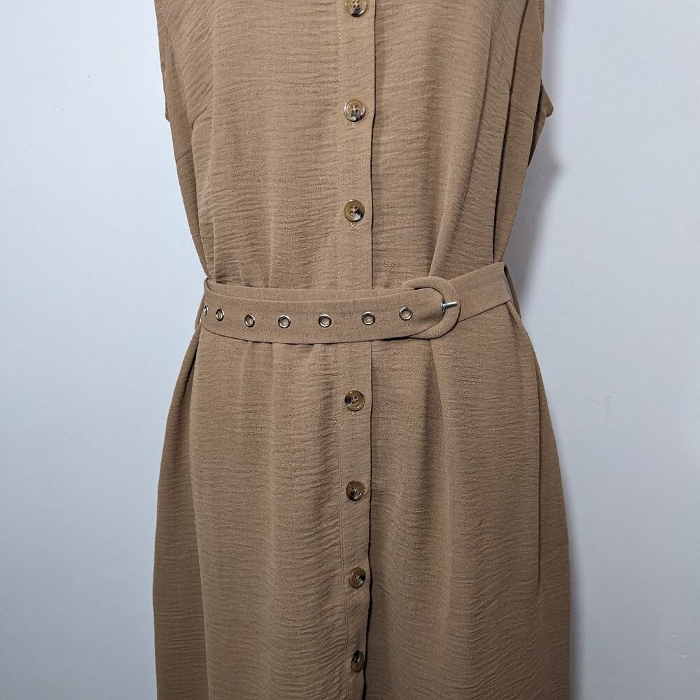 NWT Grace Karin Beige Sleeveless Summer Textured Midi Dress Belted Buttons XL - Picture 3 of 13